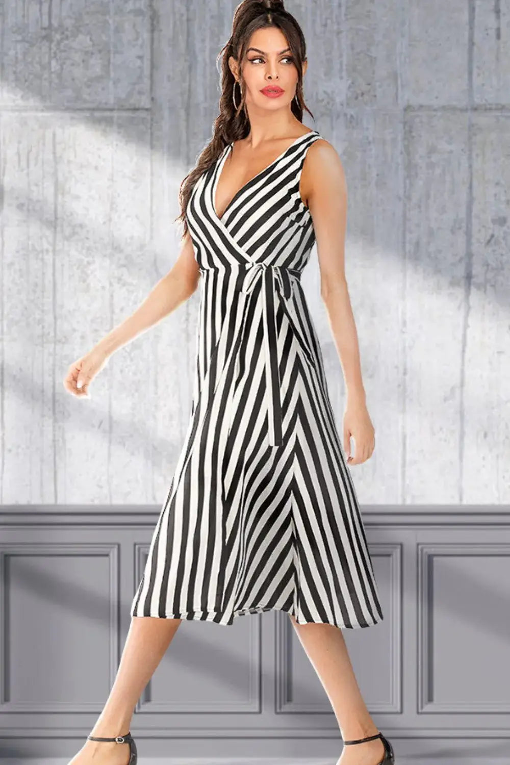 Striped Surplice Tied Sleeveless Dress - Trendsi - Flyclothing LLC
