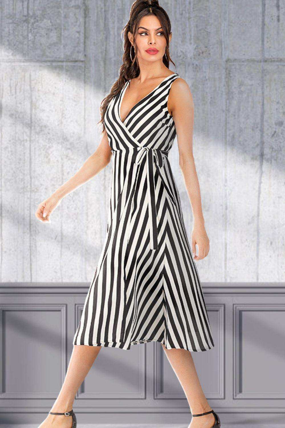 Striped Surplice Tied Sleeveless Dress - Trendsi - Flyclothing LLC
