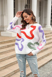 Printed Round Neck Dropped Shoulder Pullover Sweater - Trendsi