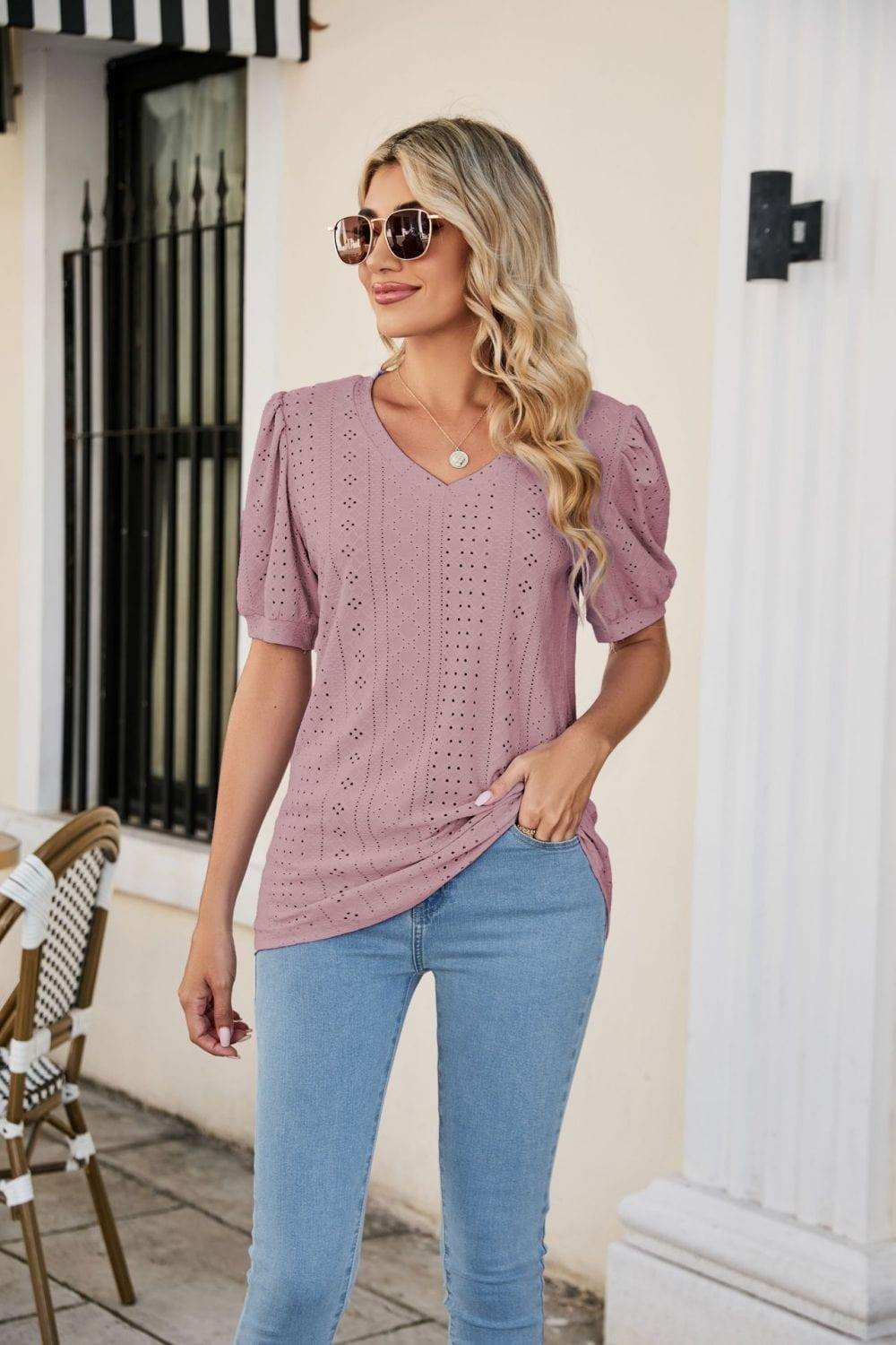 Eyelet Puff Sleeve V-Neck Top - Trendsi - Flyclothing LLC