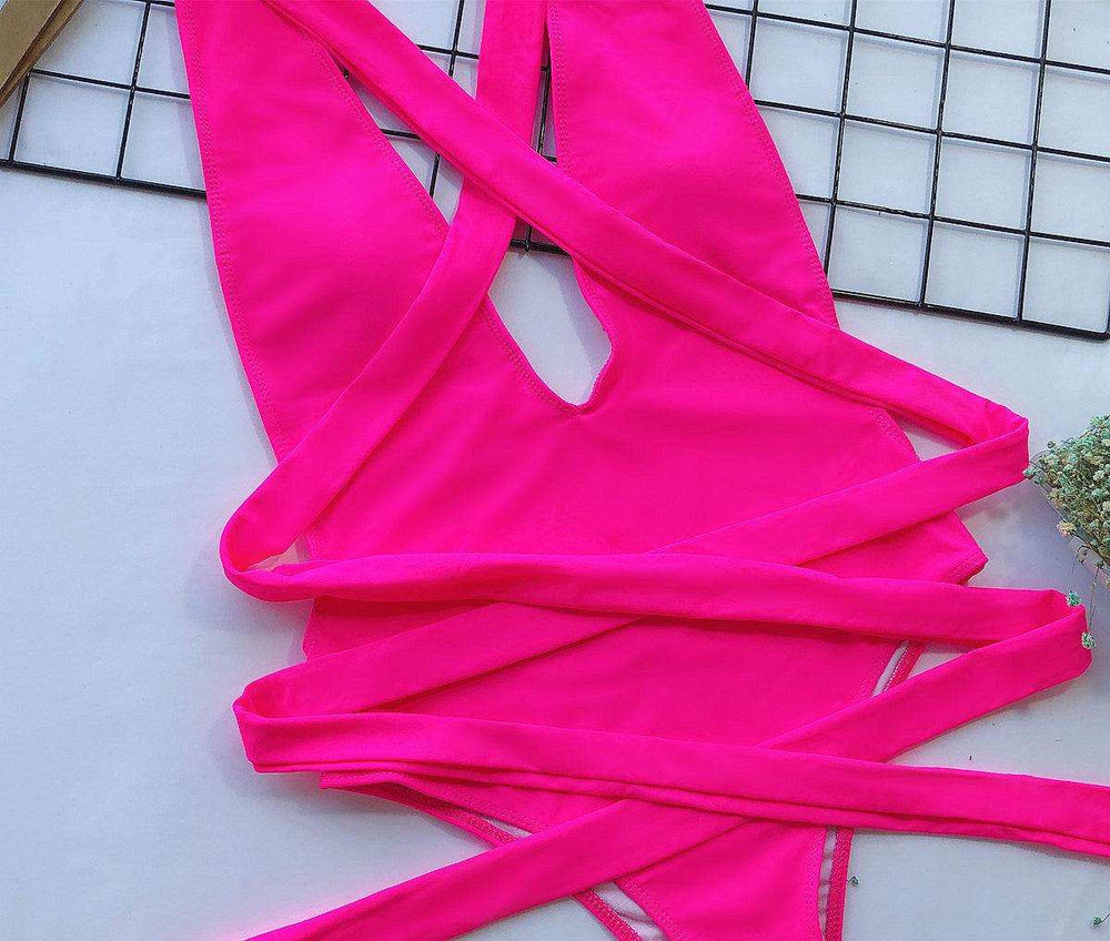 Halter Neck Deep V Tied One-Piece Swimsuit - Trendsi - Flyclothing LLC