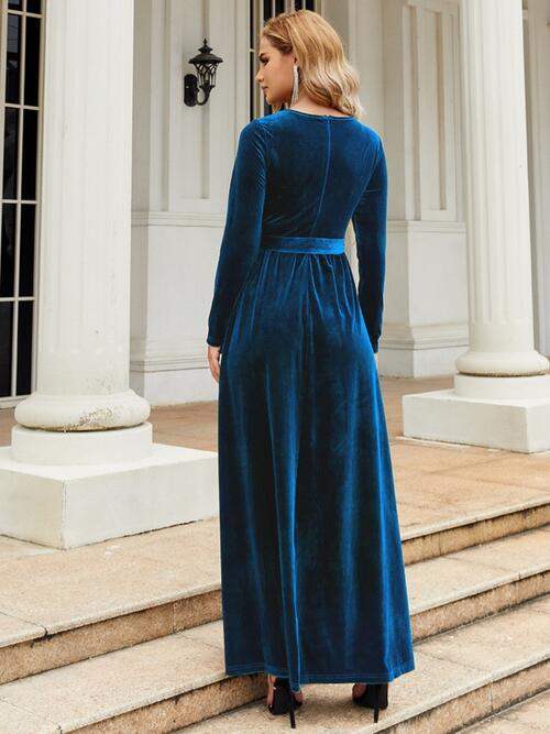 Tie Front Round Neck Long Sleeve Maxi Dress - Trendsi - Flyclothing LLC