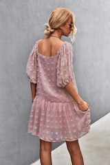 Swiss Dot Square Neck Half Balloon Sleeve Dress - Trendsi - Flyclothing LLC