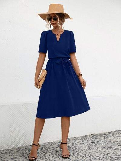 Tied Notched Short Sleeve Dress - Trendsi - Flyclothing LLC