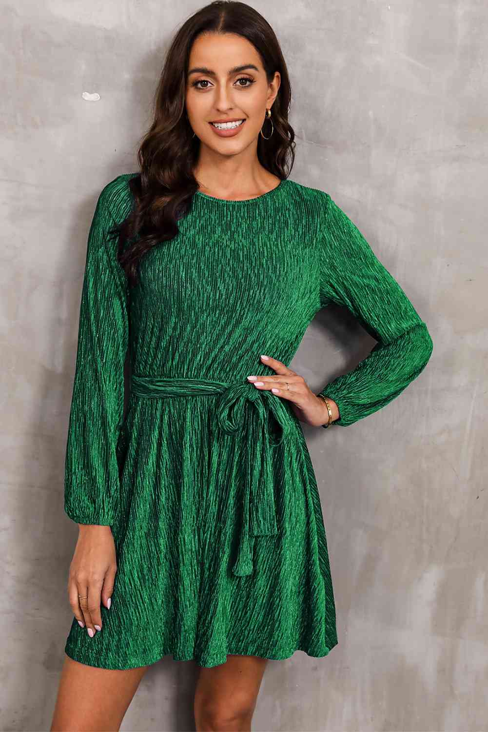Round Neck Tie Front Long Sleeve Dress - Trendsi - Flyclothing LLC