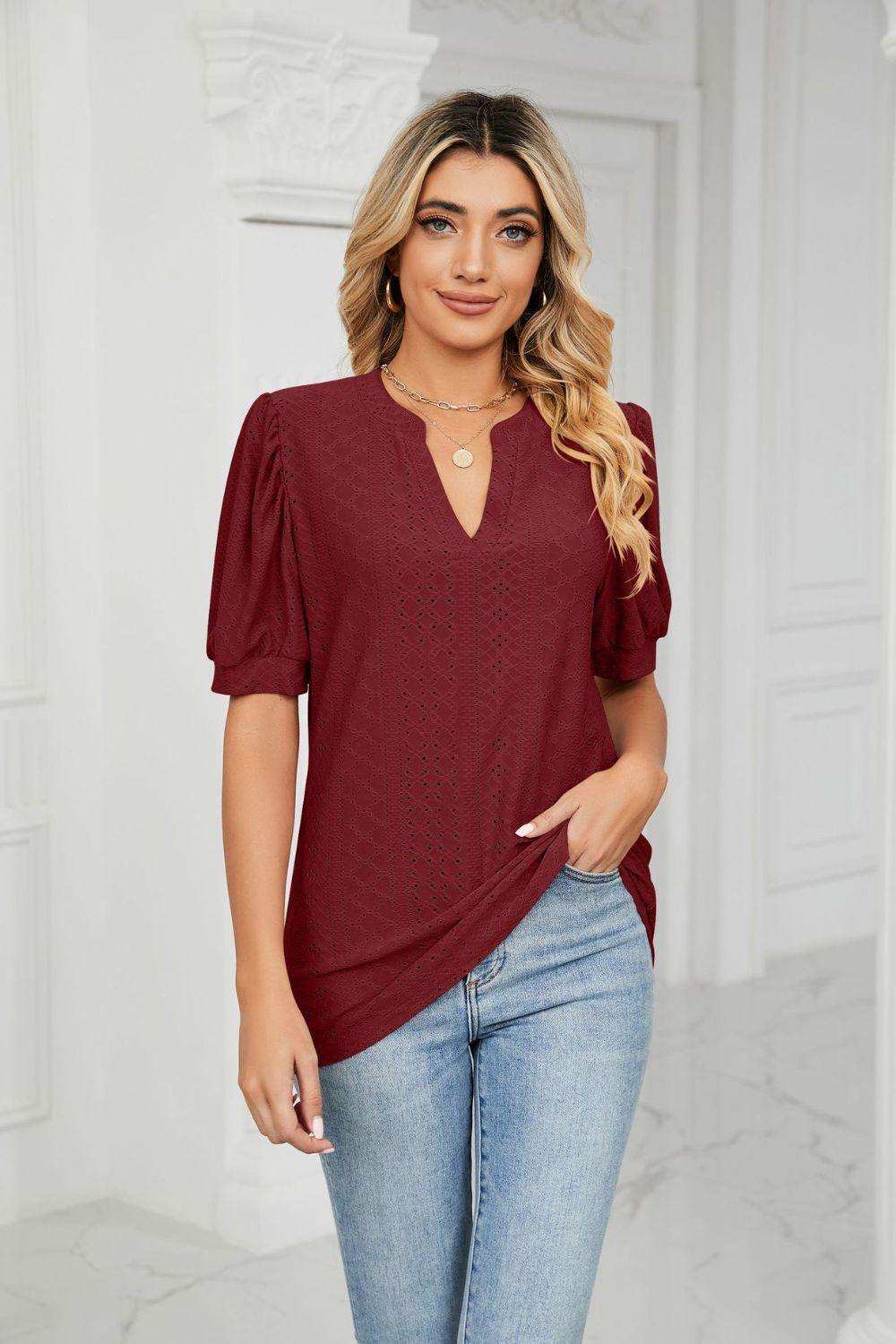 Eyelet Short Puff Sleeve Notched Neck Top - Trendsi - Flyclothing LLC
