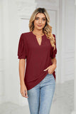 Eyelet Short Puff Sleeve Notched Neck Top - Trendsi - Flyclothing LLC
