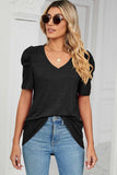 Heathered V-Neck Puff Sleeve T-Shirt - Trendsi - Flyclothing LLC