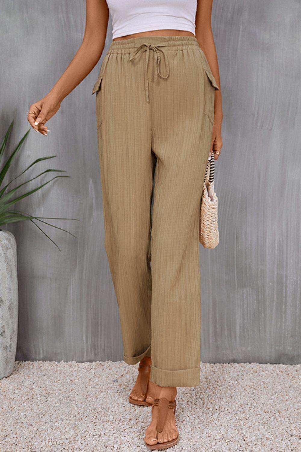 Tie Waist Pocketed Long Pants - Trendsi - Flyclothing LLC