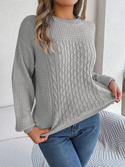 Cable-Knit Round Neck Long Sleeve Sweater - Trendsi