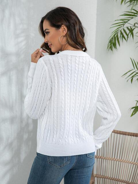 Johnny Collar Cable-Knit Long Sleeve Sweater - Trendsi