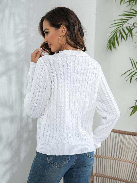 Johnny Collar Cable-Knit Long Sleeve Sweater - Trendsi - Flyclothing LLC
