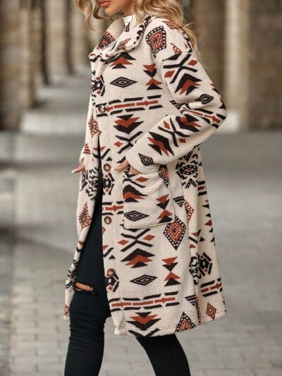 Geometric Pocketed Dropped Shoulder Coat - Trendsi