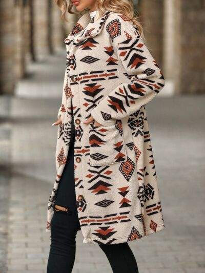 Geometric Pocketed Dropped Shoulder Coat - Trendsi - Flyclothing LLC