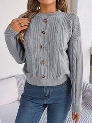 Cable-Knit Buttoned Round Neck Sweater - Trendsi