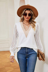 Contrast V-Neck Long Sleeve Blouse - Trendsi - Flyclothing LLC
