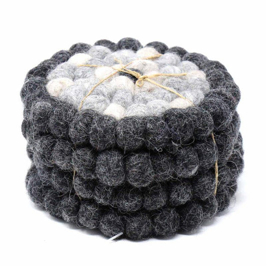 Hand Crafted Felt Ball Coasters from Nepal: 4-pack, Flower Black/Grey - Global Groove (T) - Global Groove