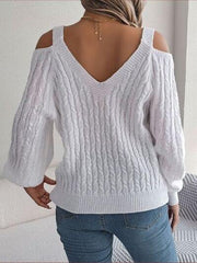 Cable-Knit Cold Shoulder Long Sleeve Sweater - Trendsi