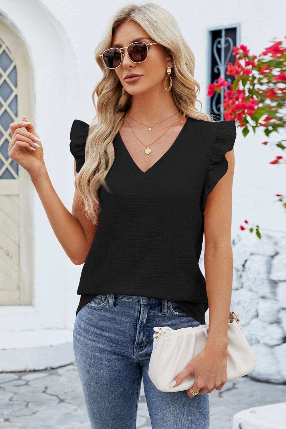 Ruffled V-Neck Cap Sleeve Blouse - Trendsi - Flyclothing LLC