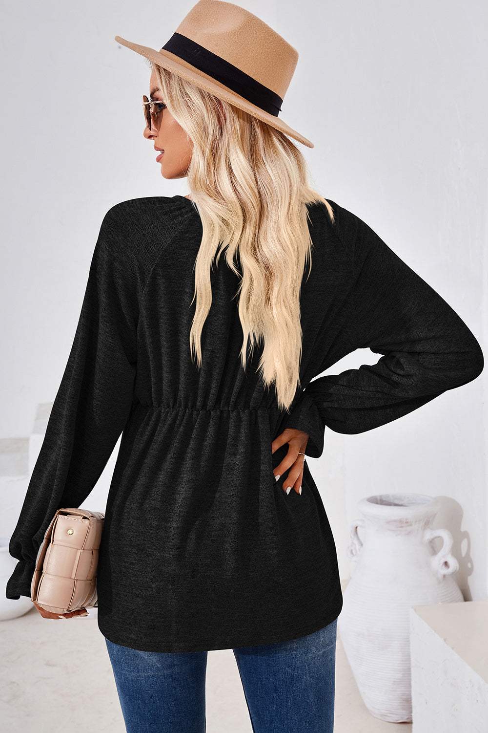 Ruched Round Neck Flounce Sleeve Blouse - Trendsi - Flyclothing LLC