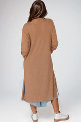 Open Front Long Sleeve Longline Slit Cardigan - Trendsi