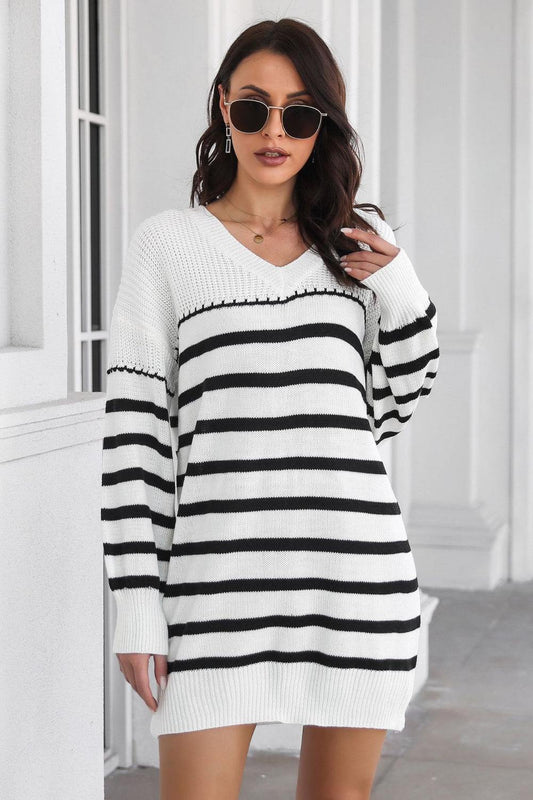 Striped V-Neck Drop Shulder Sweater Dress - Flyclothing LLC