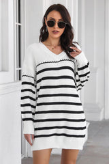 Striped V-Neck Drop Shulder Sweater Dress - Flyclothing LLC