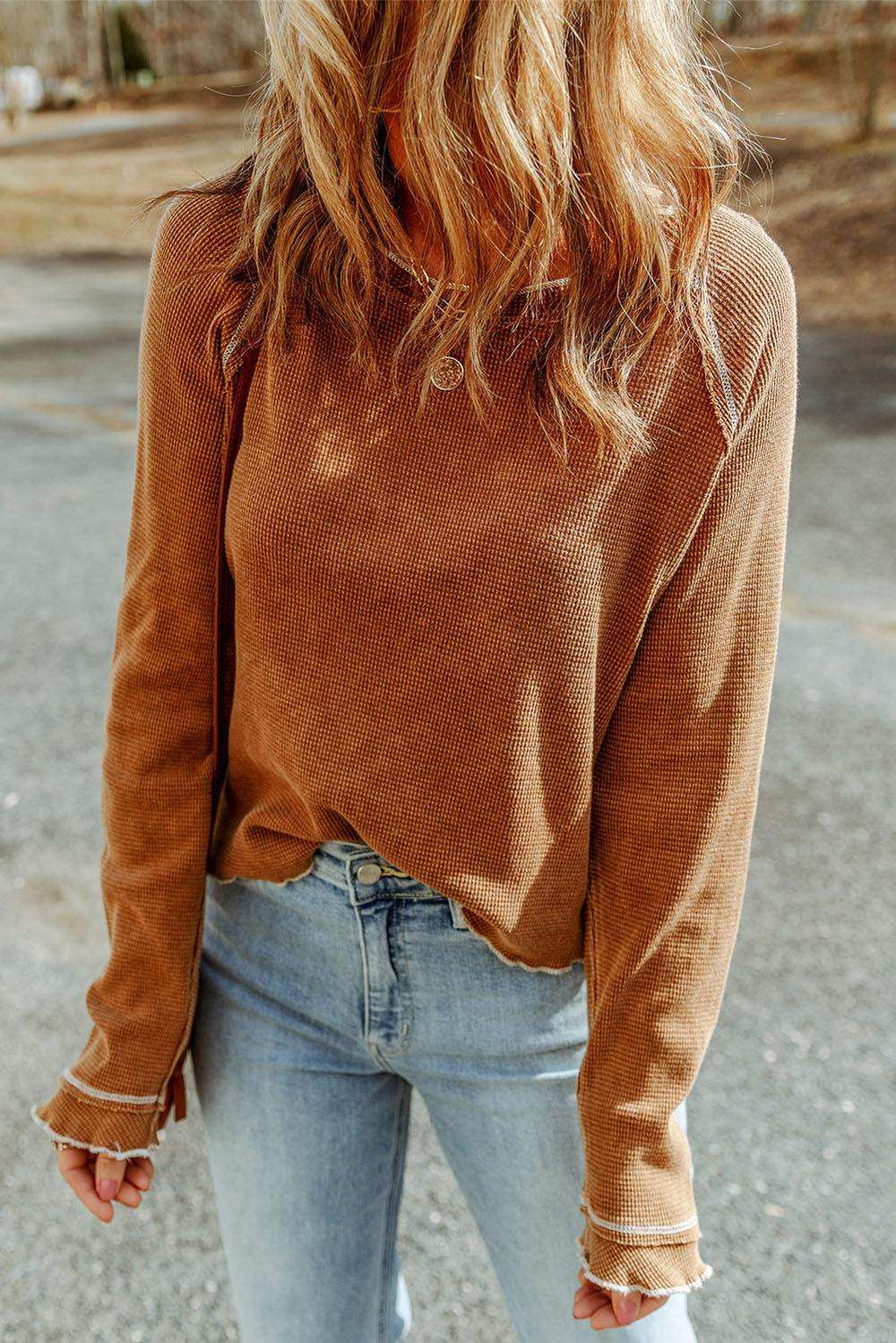 Long Raglan Sleeve Round Neck Top - Trendsi - Flyclothing LLC