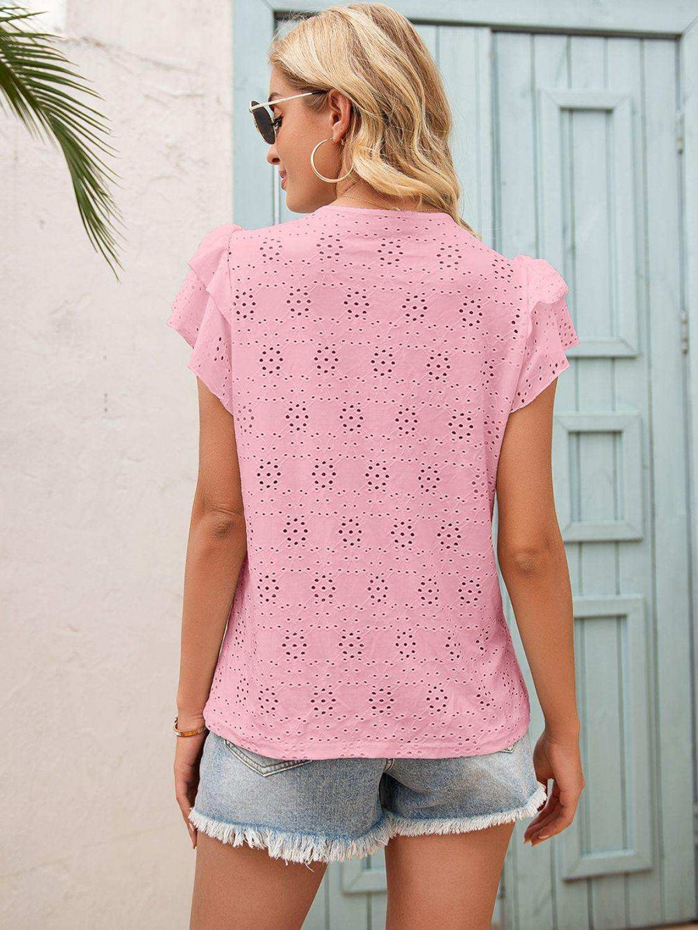 Eyelet Tie Neck Flutter Sleeve Blouse - Trendsi - Flyclothing LLC