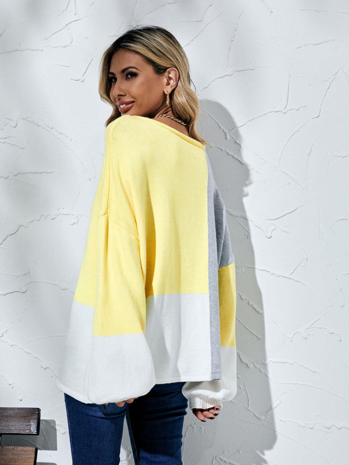 Color Block Balloon Sleeve Boat Neck Sweater - Trendsi