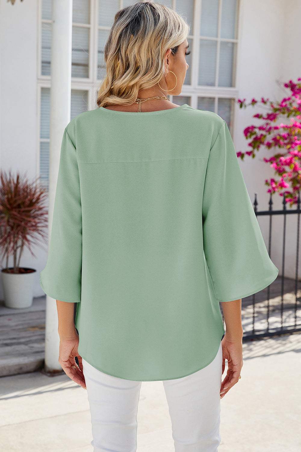 V-Neck Three-Quarter Sleeve Top - Trendsi - Flyclothing LLC