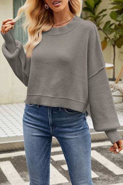 Round Neck Dropped Shoulder Sweater - Trendsi - Flyclothing LLC