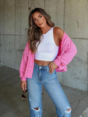 Ribbed Collared Neck Button Up Jacket - Trendsi