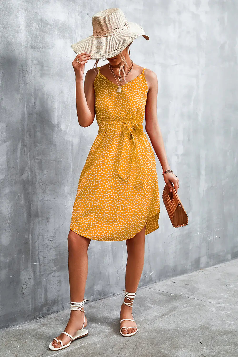 Printed V-Neck Tie Waist Mini Dress - Trendsi - Flyclothing LLC