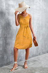 Printed V-Neck Tie Waist Mini Dress - Trendsi - Flyclothing LLC