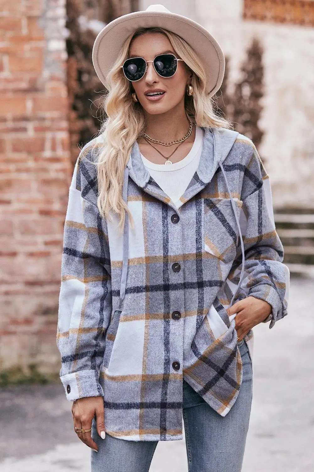 Plaid Dropped Shoulder Hooded Jacket - Trendsi - Flyclothing LLC