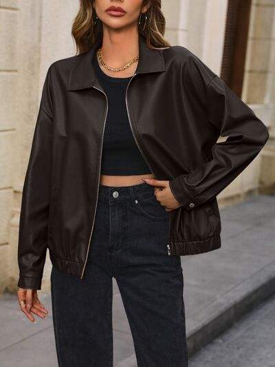 Pocketed Zip Up Collared Neck Jacket - Trendsi - Flyclothing LLC