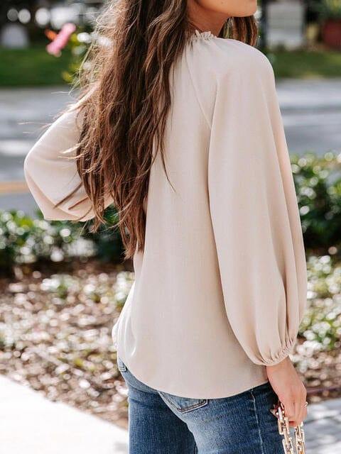 Notched Neck Long Sleeve Blouse - Trendsi
