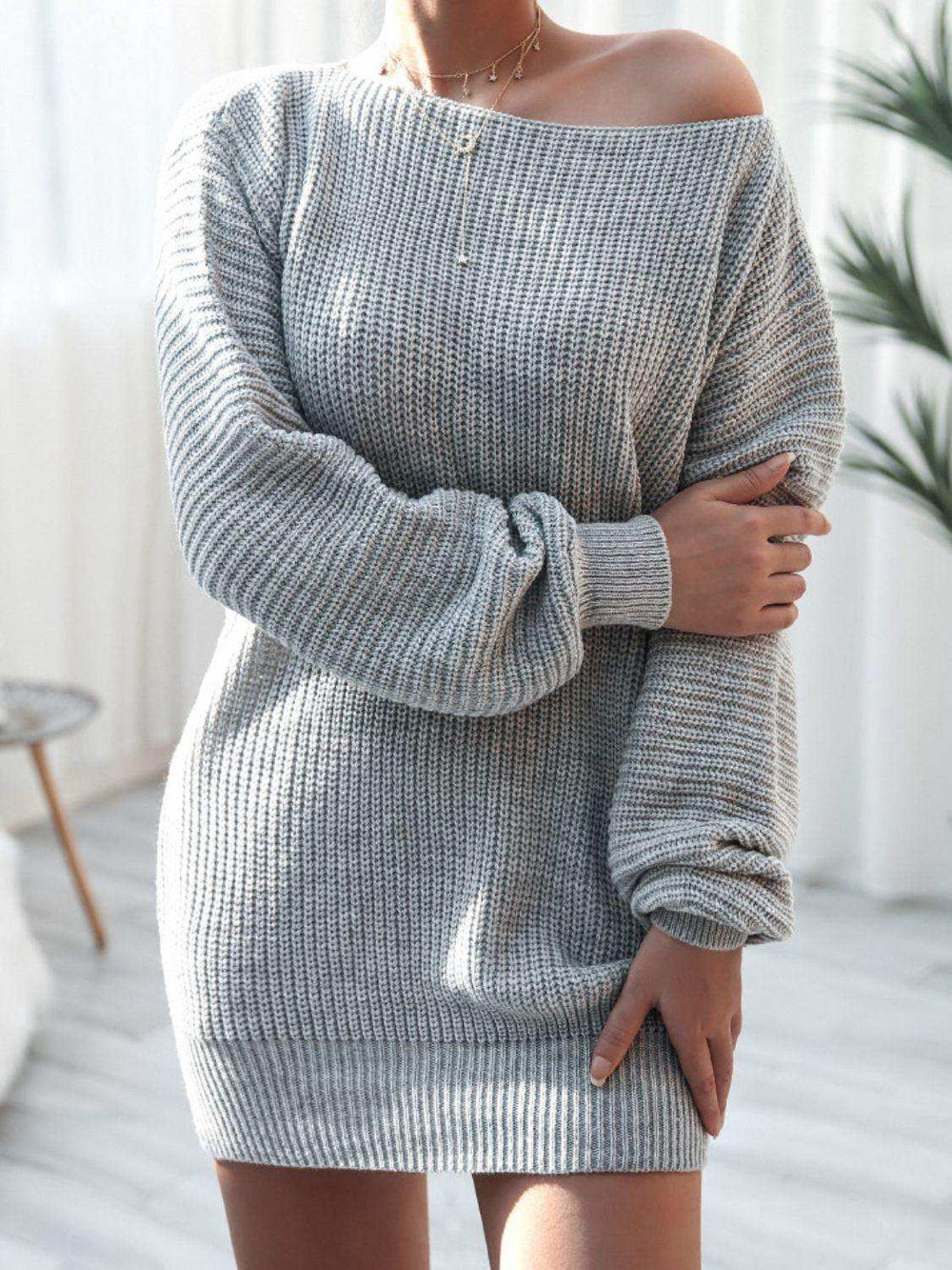 Rib-Knit Balloon Sleeve Boat Neck Sweater Dress - Trendsi - Flyclothing LLC