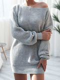 Rib-Knit Balloon Sleeve Boat Neck Sweater Dress - Trendsi - Flyclothing LLC