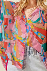 Printed Dolman Sleeve Collared Shirt - Trendsi - Flyclothing LLC