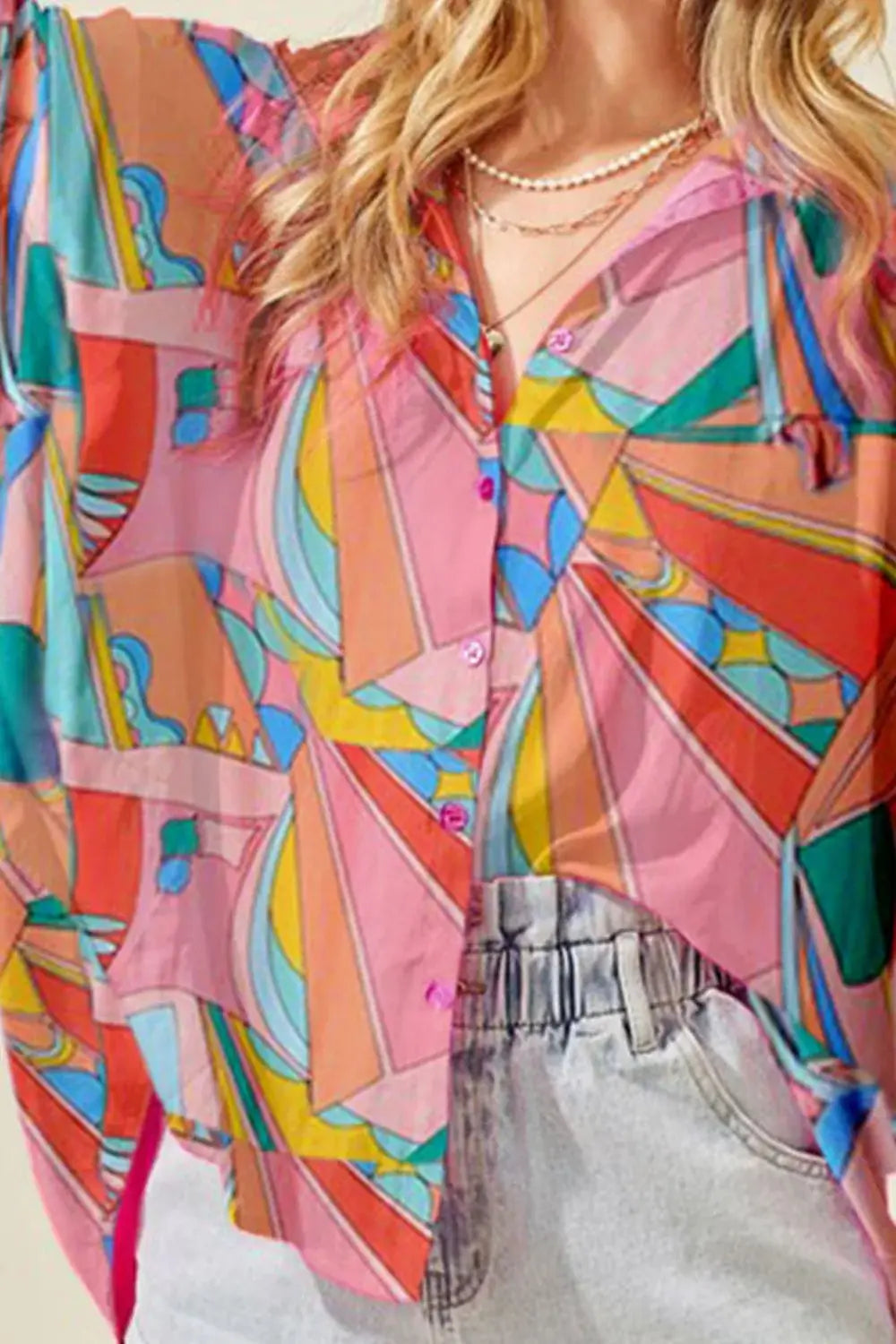 Printed Dolman Sleeve Collared Shirt - Trendsi - Flyclothing LLC