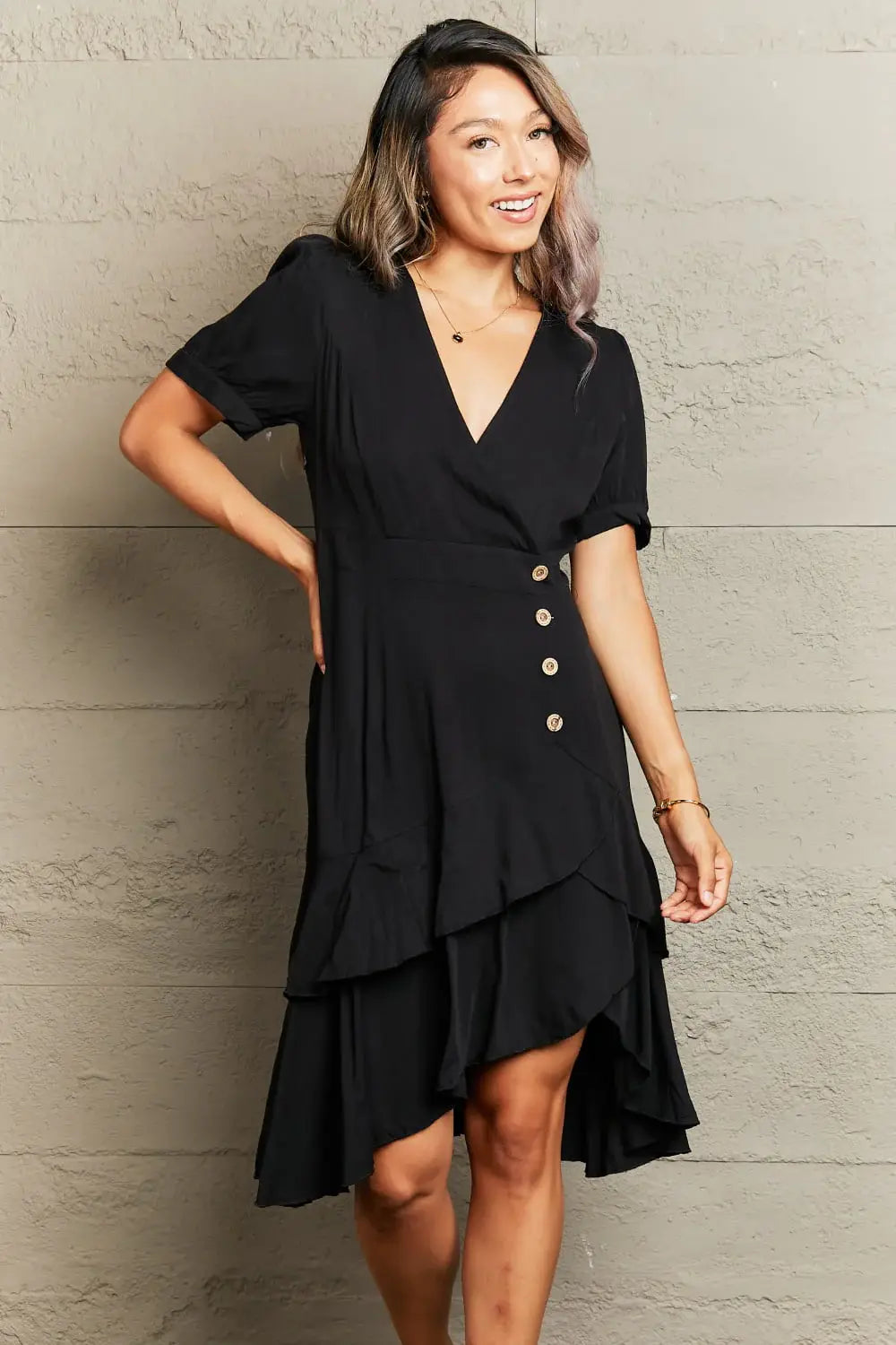 Decorative Button Surplice Ruffle Hem Dress - Trendsi - Flyclothing LLC