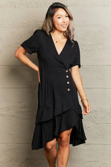 Decorative Button Surplice Ruffle Hem Dress - Trendsi - Flyclothing LLC