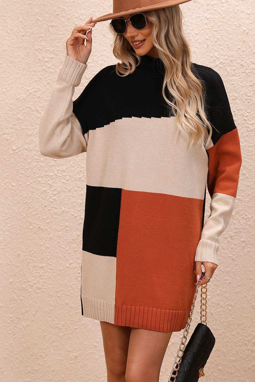 Color Block Mock Neck Dropped Shoulder Sweater Dress - Trendsi - Flyclothing LLC