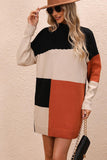 Color Block Mock Neck Dropped Shoulder Sweater Dress - Trendsi