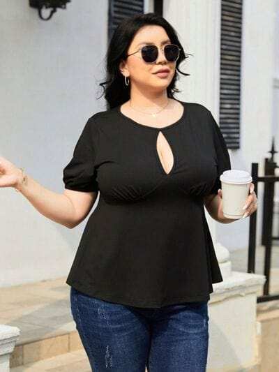 Plus Size Cutout Short Sleeve Blouse - Trendsi - Flyclothing LLC