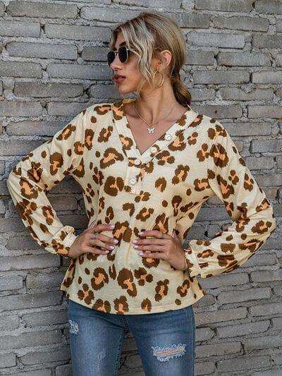 Leopard V-Neck Decorative Button Long Sleeve Blouse - Trendsi - Flyclothing LLC