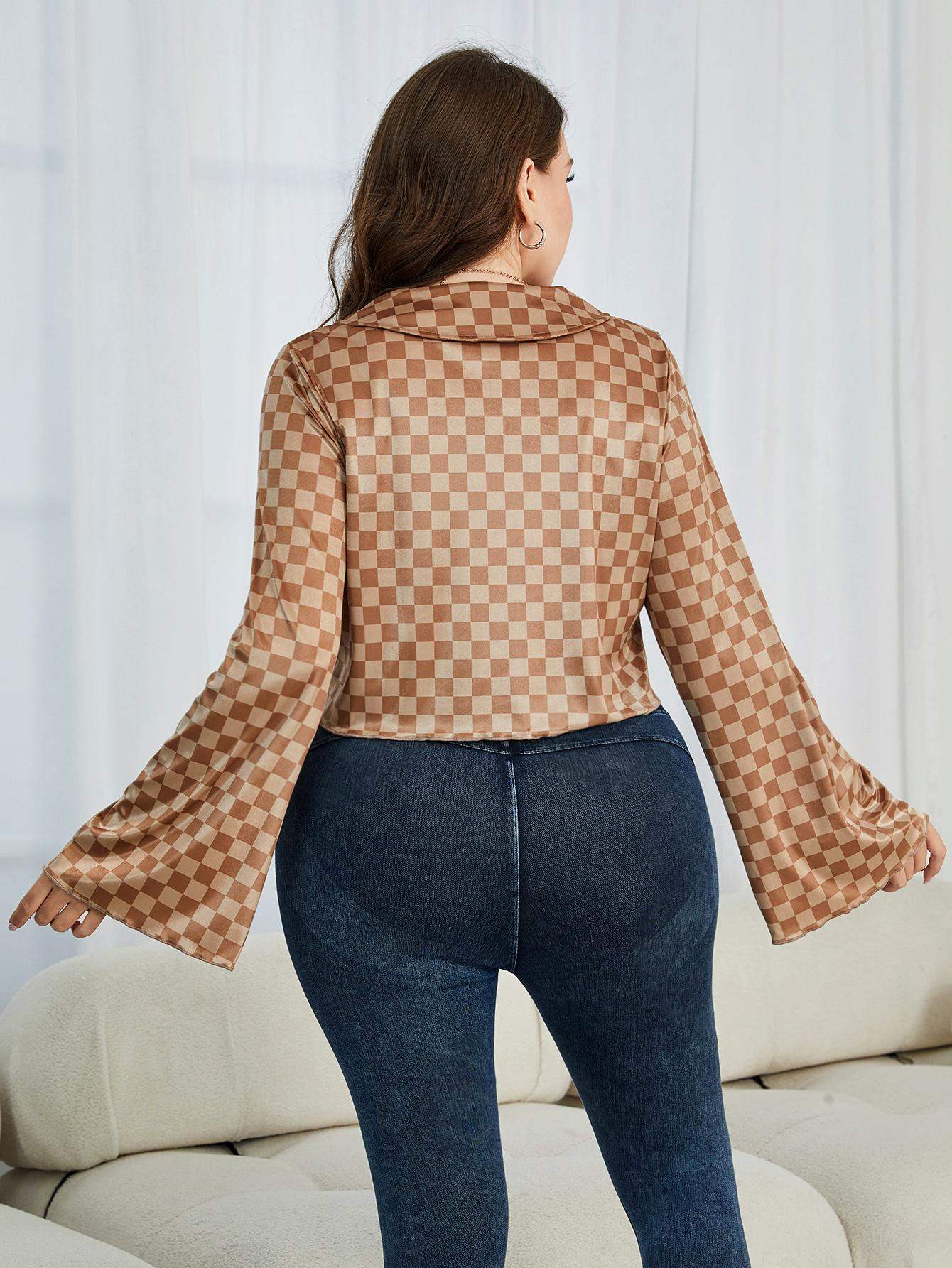 Plus Size Checkered Johnny Collar Flare Sleeve Shirt - Trendsi - Flyclothing LLC