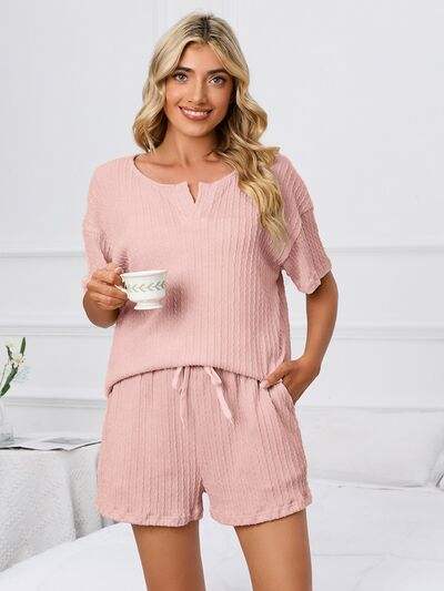 Notched Short Sleeve and Shorts Lounge Set - Trendsi - Flyclothing LLC